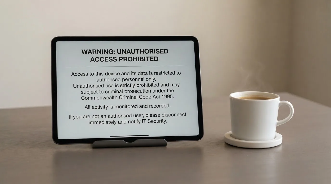 A tablet on a desk displays a plain government-style warning notice page, with a coffee cup beside it.