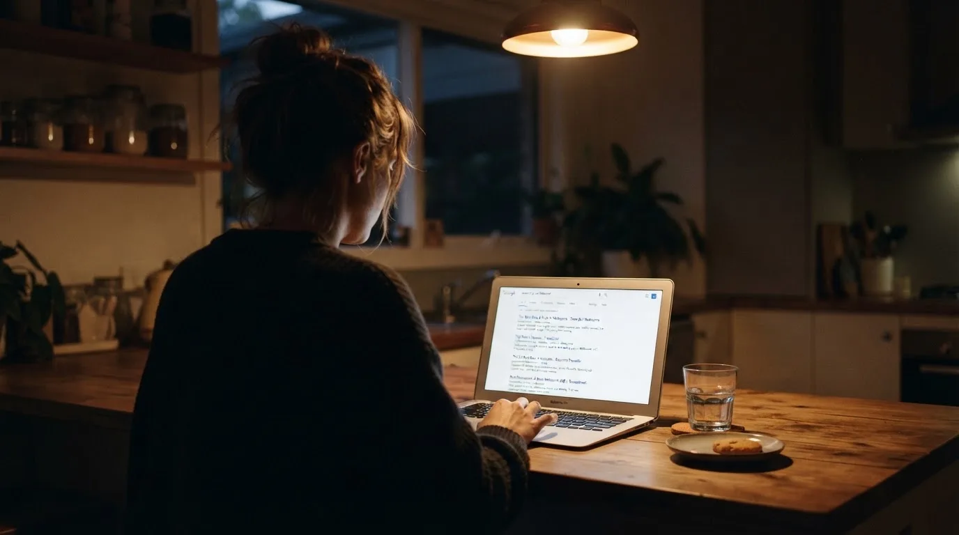 A person sits at a kitchen table in the evening, scrolling a laptop showing a general search results page about bonus offers.