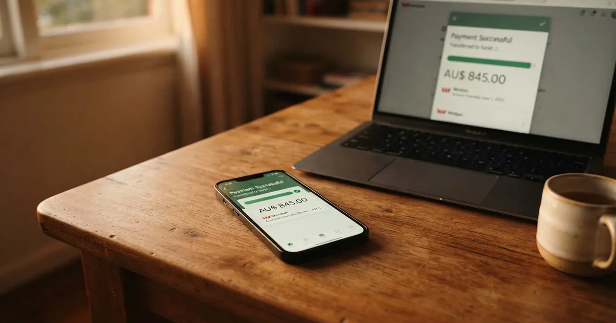 Close-up of a smartphone banking app open beside a laptop on a home desk, mid-transfer.