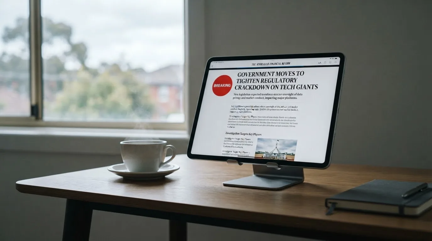 A tablet on a desk displays a plain government-style warning notice page, with a coffee cup beside it.