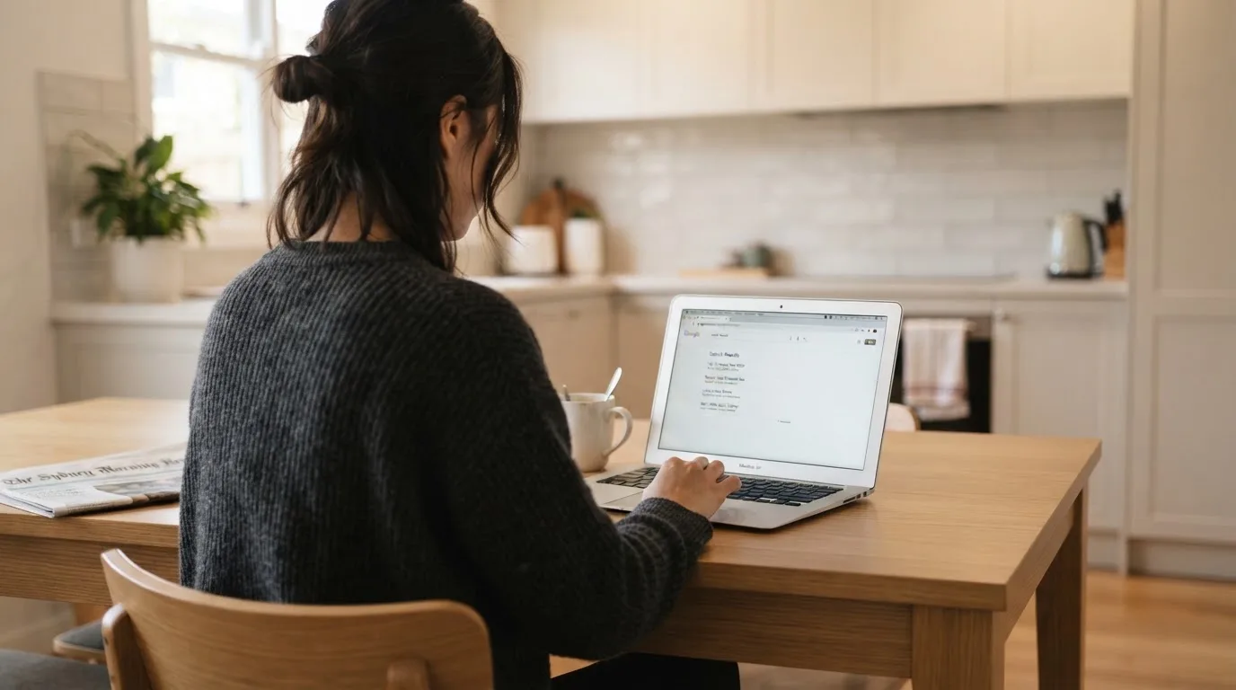 A person sits at a kitchen table, scrolling a laptop showing a general search results page about deposit limits.