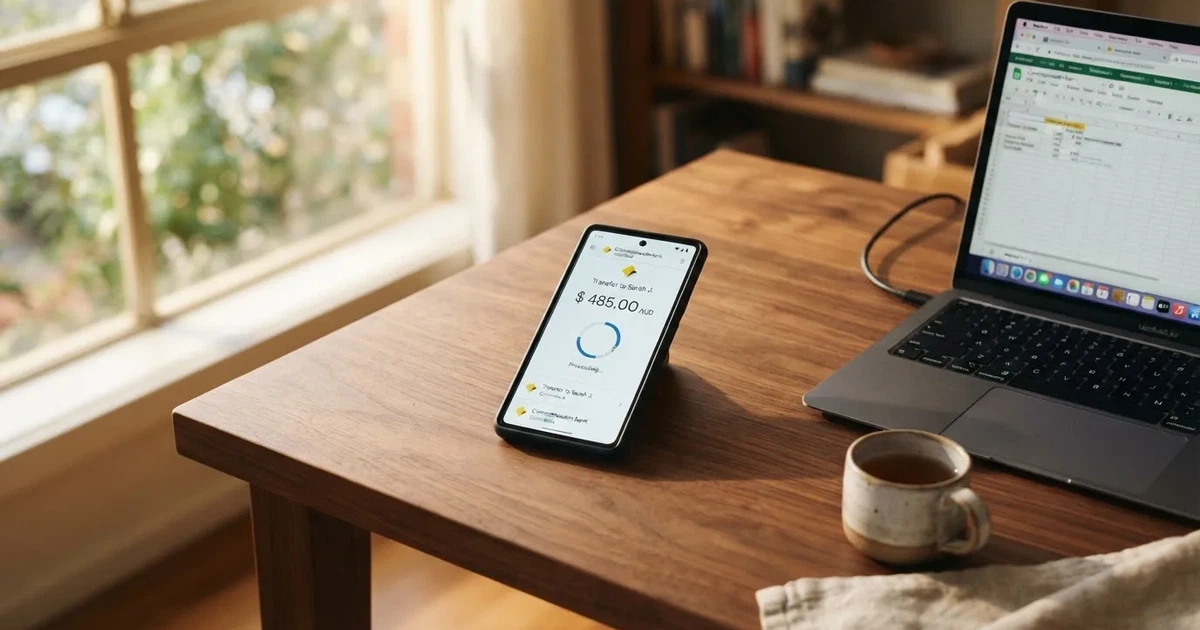 Close-up of a smartphone banking app open beside a laptop on a home desk, mid-transfer.