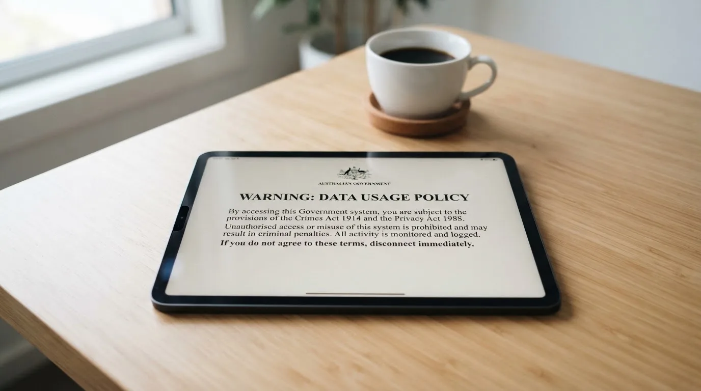 A tablet on a desk displays a plain government-style warning notice page, with a coffee cup beside it.