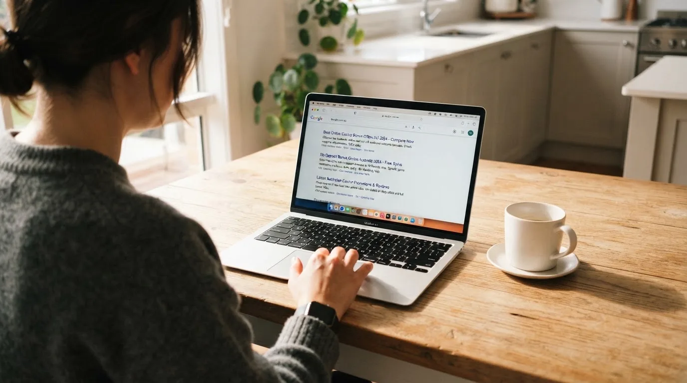 A person sits at a kitchen table, scrolling a laptop showing a general search results page about bonus terms.