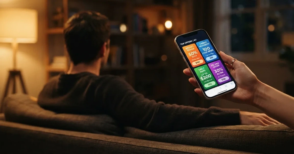 A phone screen shows a list of promotional bonus tiles as someone scrolls with one thumb on a couch.
