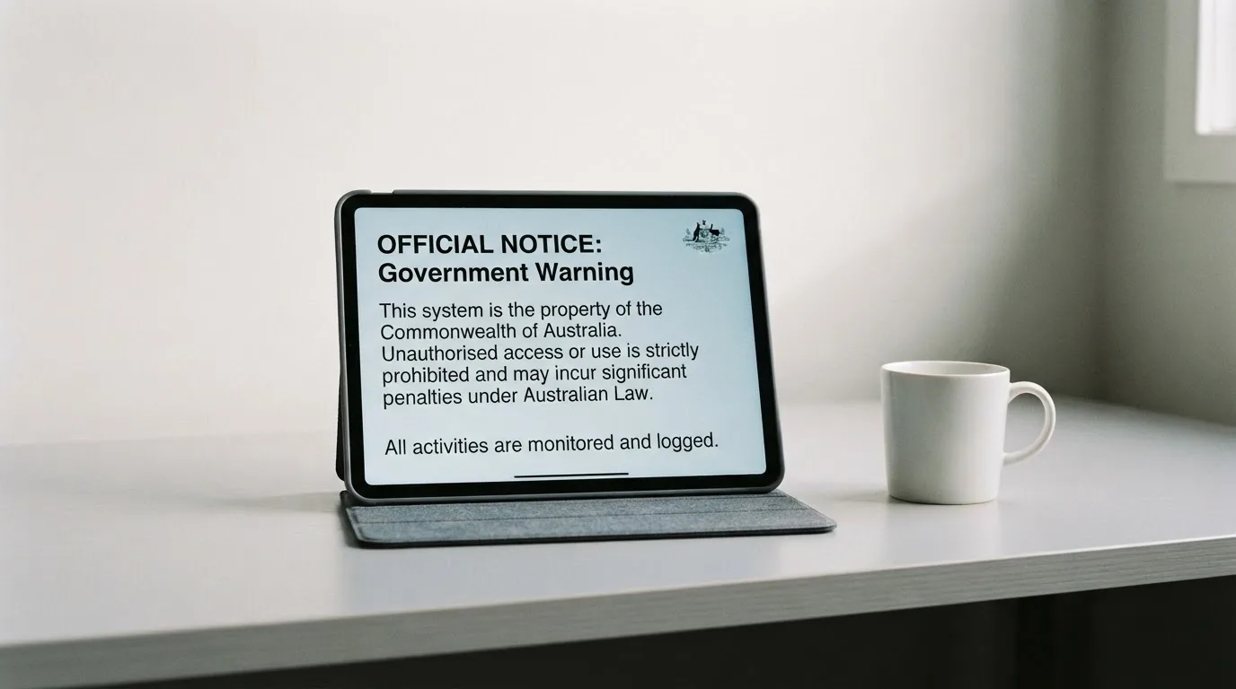 A tablet on a desk displays a plain government-style warning notice page, with a coffee cup beside it.