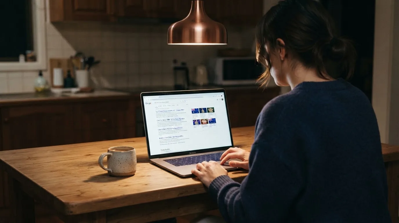A person sits at a kitchen table in the evening, scrolling a laptop showing a general search results page about bonus offers.
