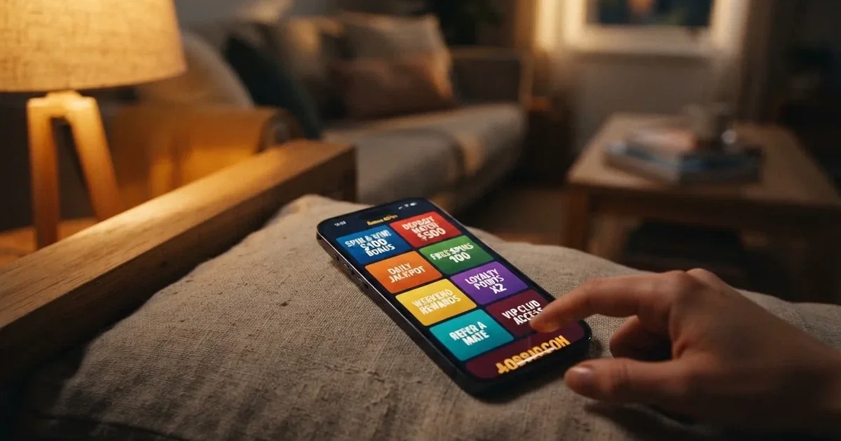 A phone screen shows a list of promotional bonus tiles as someone scrolls with one thumb on a couch.