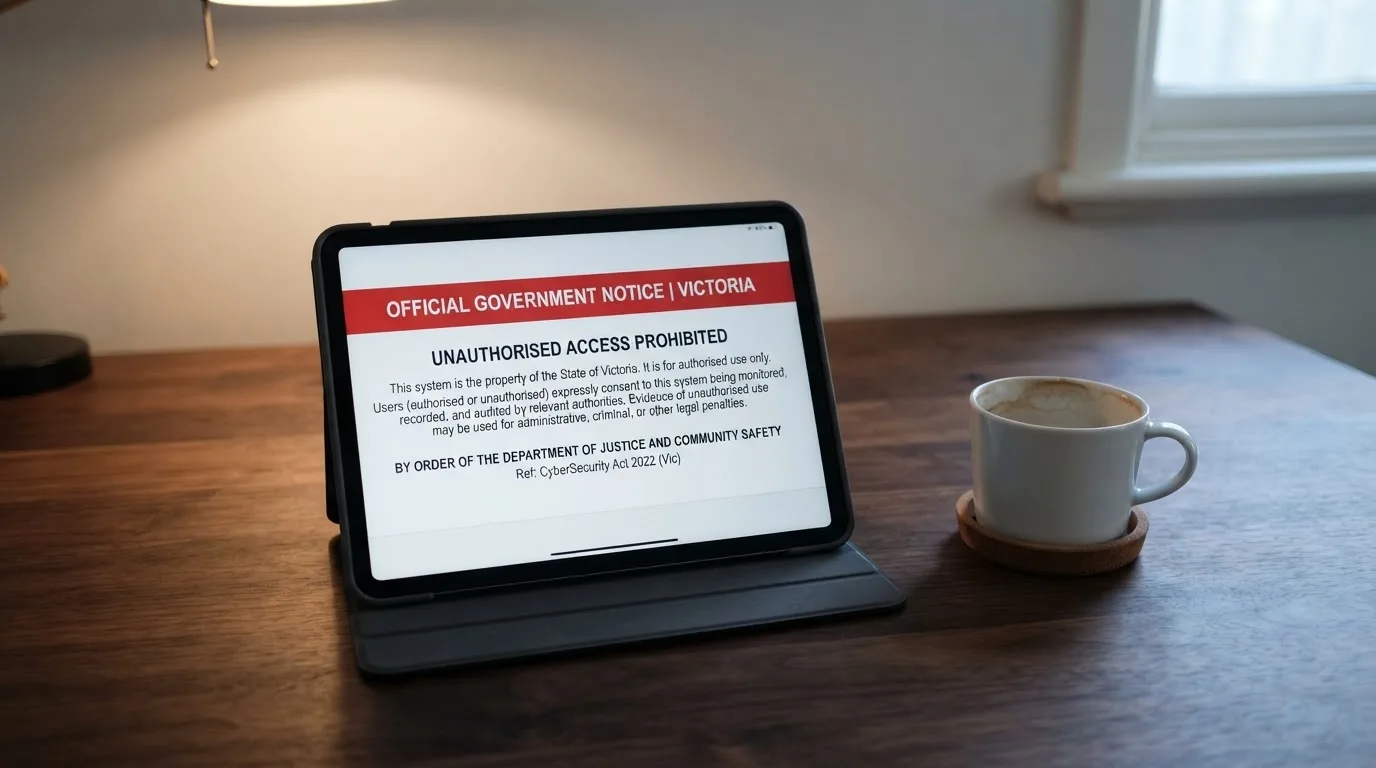 A tablet on a desk displays a plain government-style warning notice page, with a coffee cup beside it.