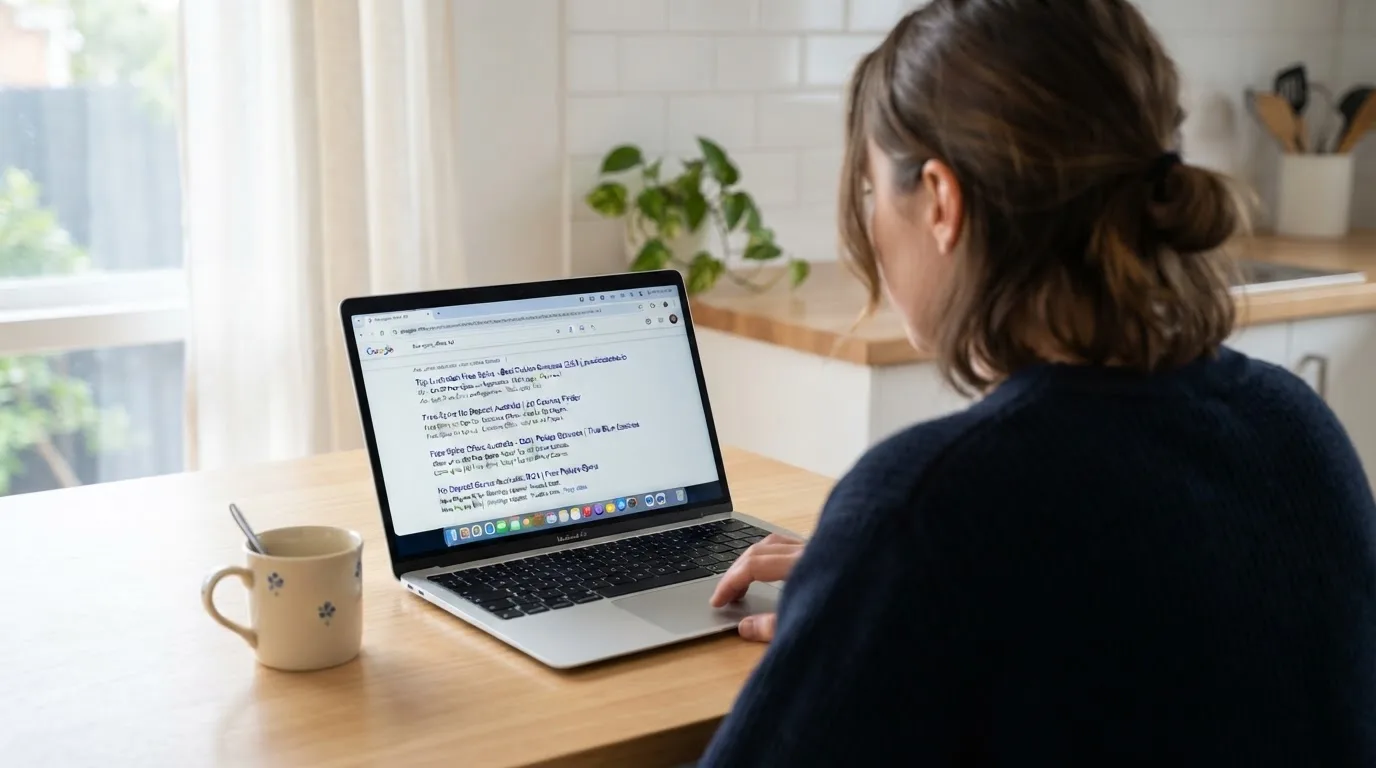 A person sits at a kitchen table, scrolling a laptop showing a general search results page about free spins offers.