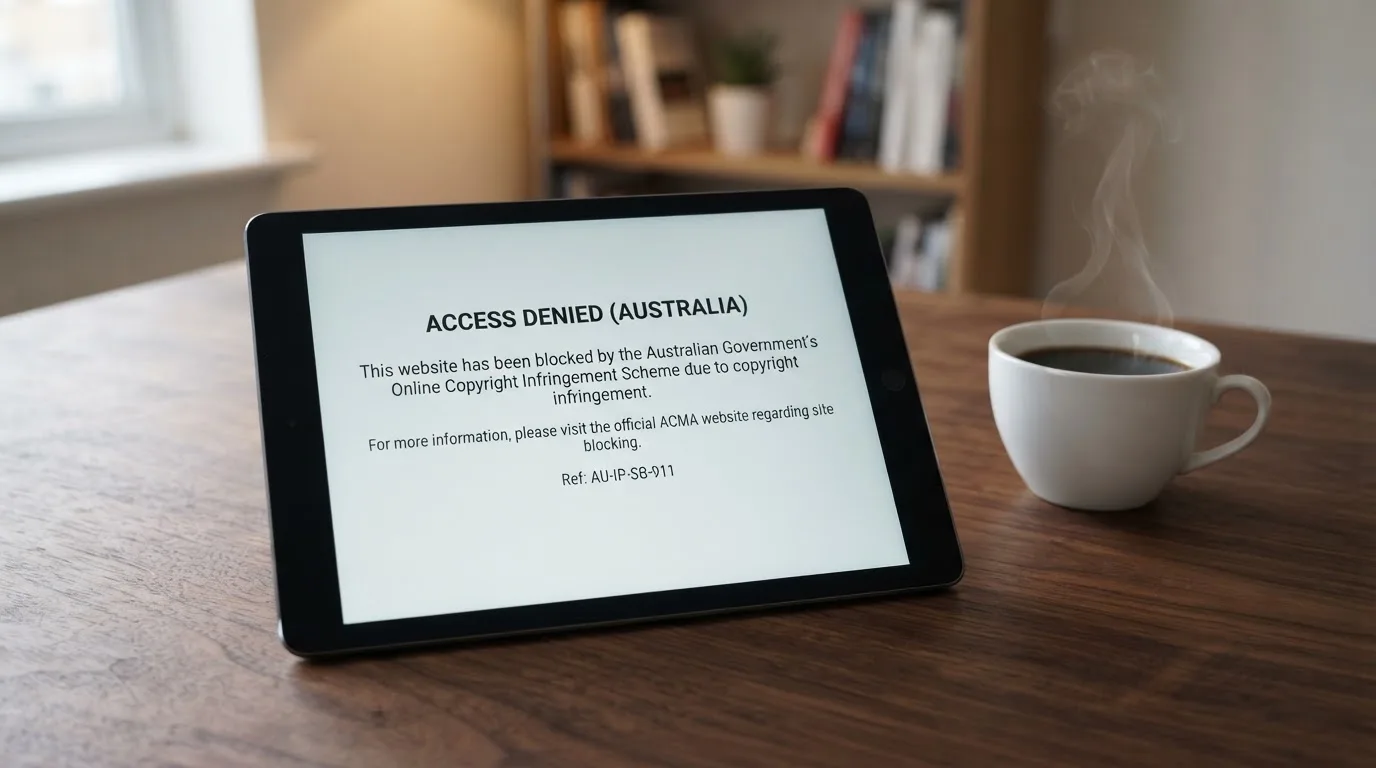 A tablet on a desk displays a plain government-style warning notice page, with a coffee cup beside it.