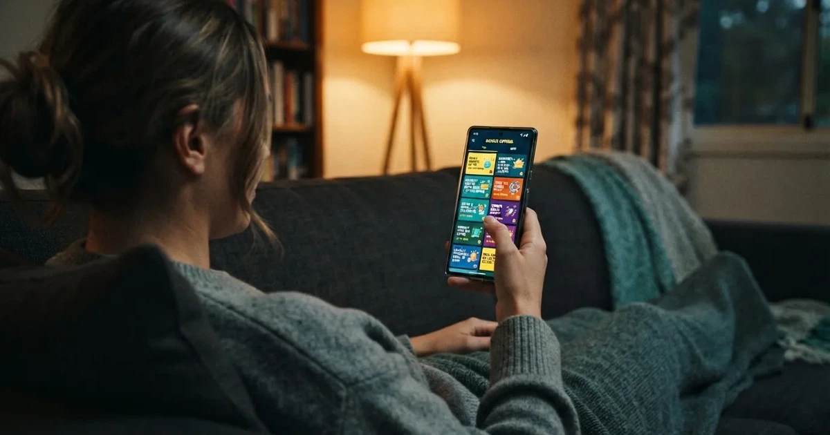 A phone screen shows a list of promotional bonus tiles as someone scrolls with one thumb on a couch.