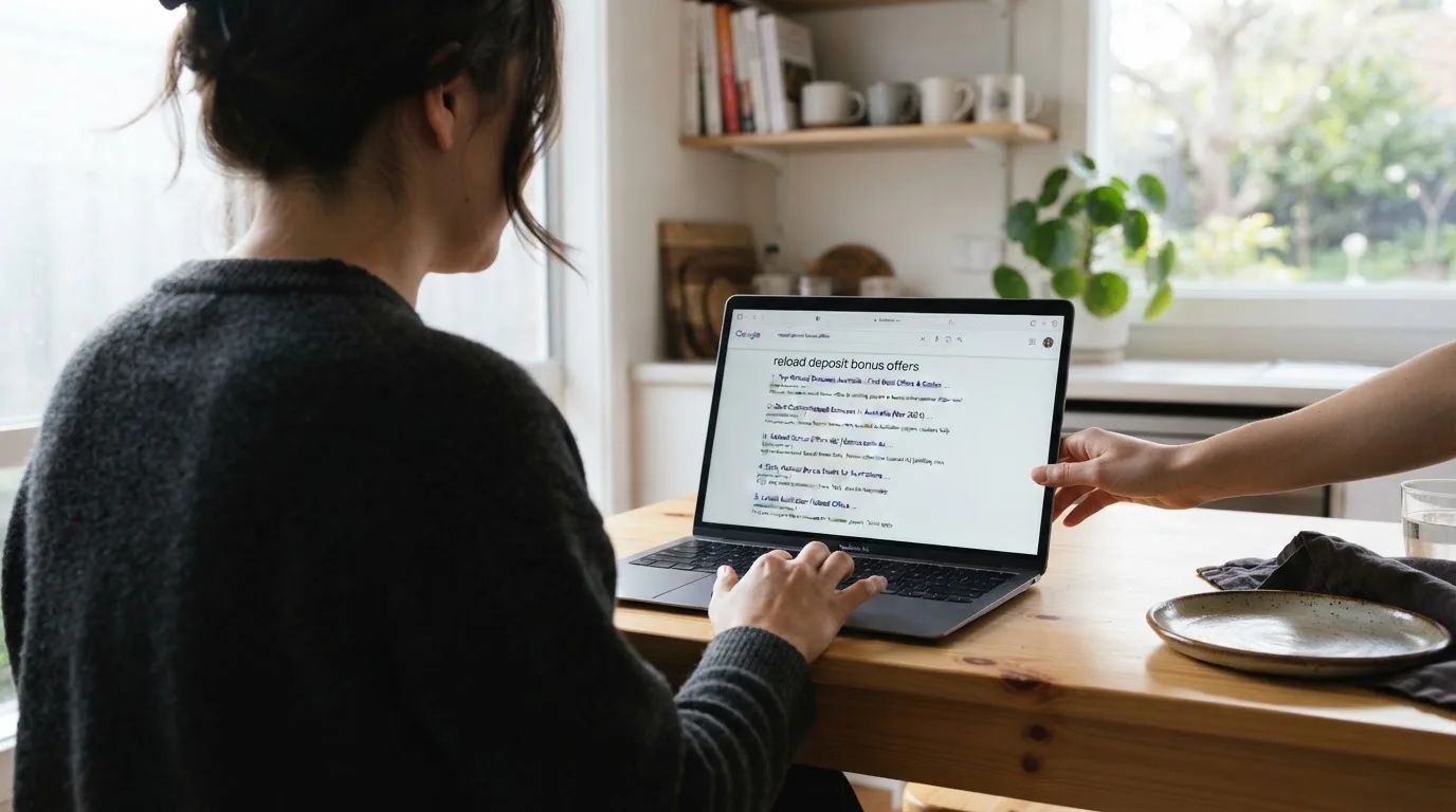 A person sits at a kitchen table, scrolling a laptop showing a general search results page about repeat-deposit offers.