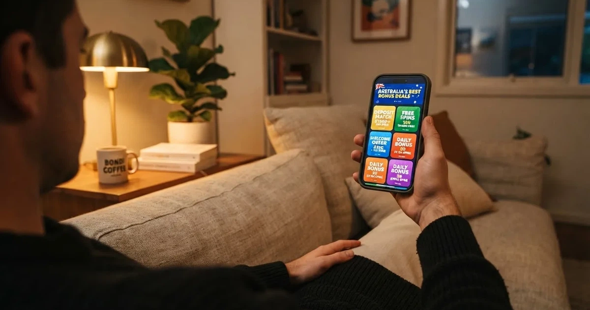 A phone screen shows a list of promotional bonus tiles as someone scrolls with one thumb on a couch.