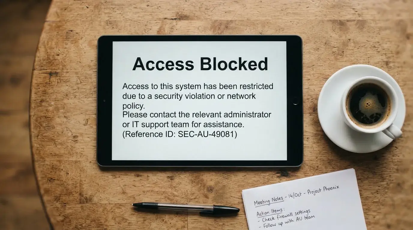 A tablet on a desk displays a plain government-style warning notice page, with a coffee cup beside it.