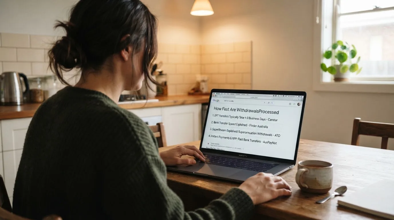 A person sits at a kitchen table, scrolling a laptop showing a general search results page about withdrawal speed.