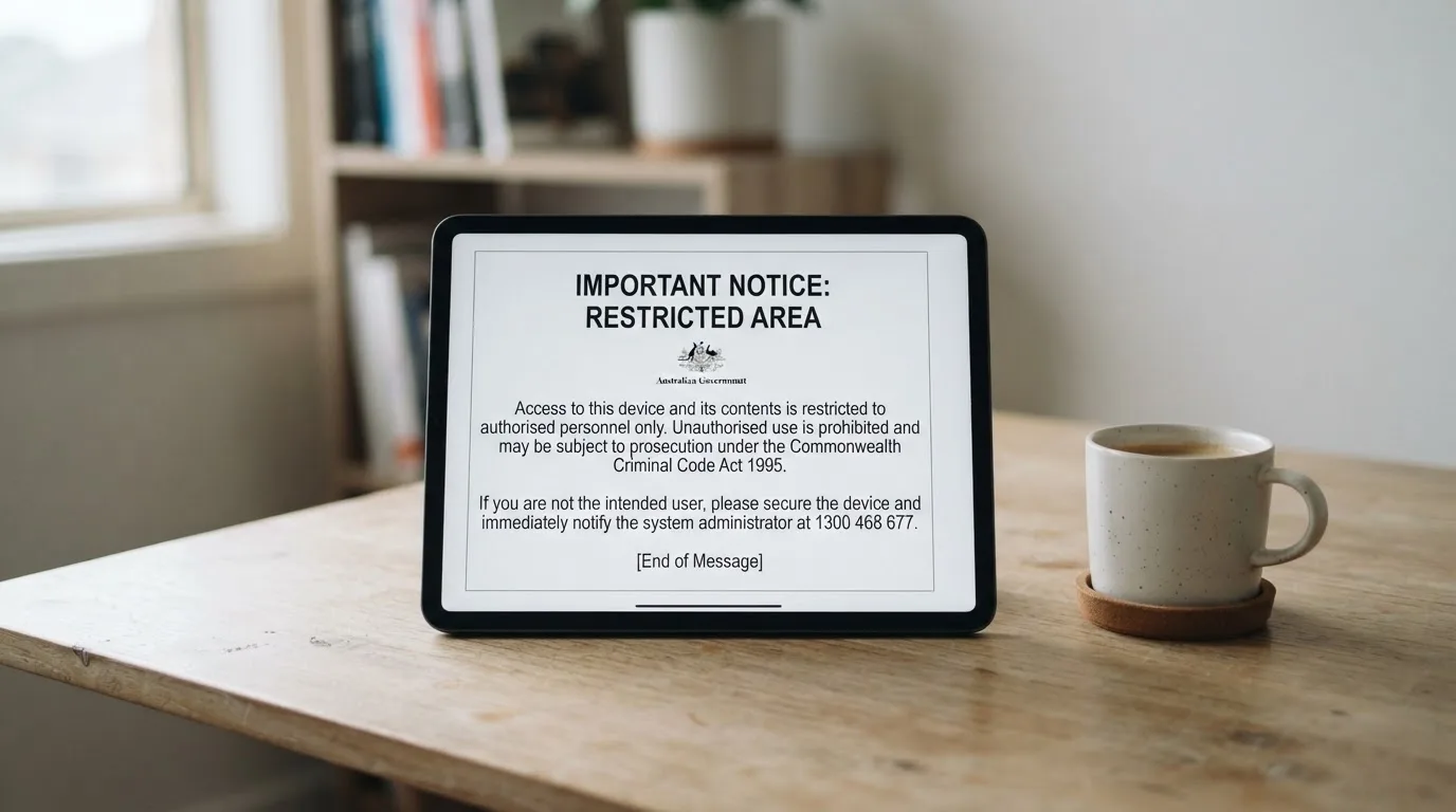 A tablet on a desk displays a plain government-style warning notice page, with a coffee cup beside it.