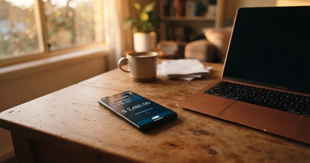 Close-up of a smartphone banking app open beside a laptop on a home desk, mid-transfer.