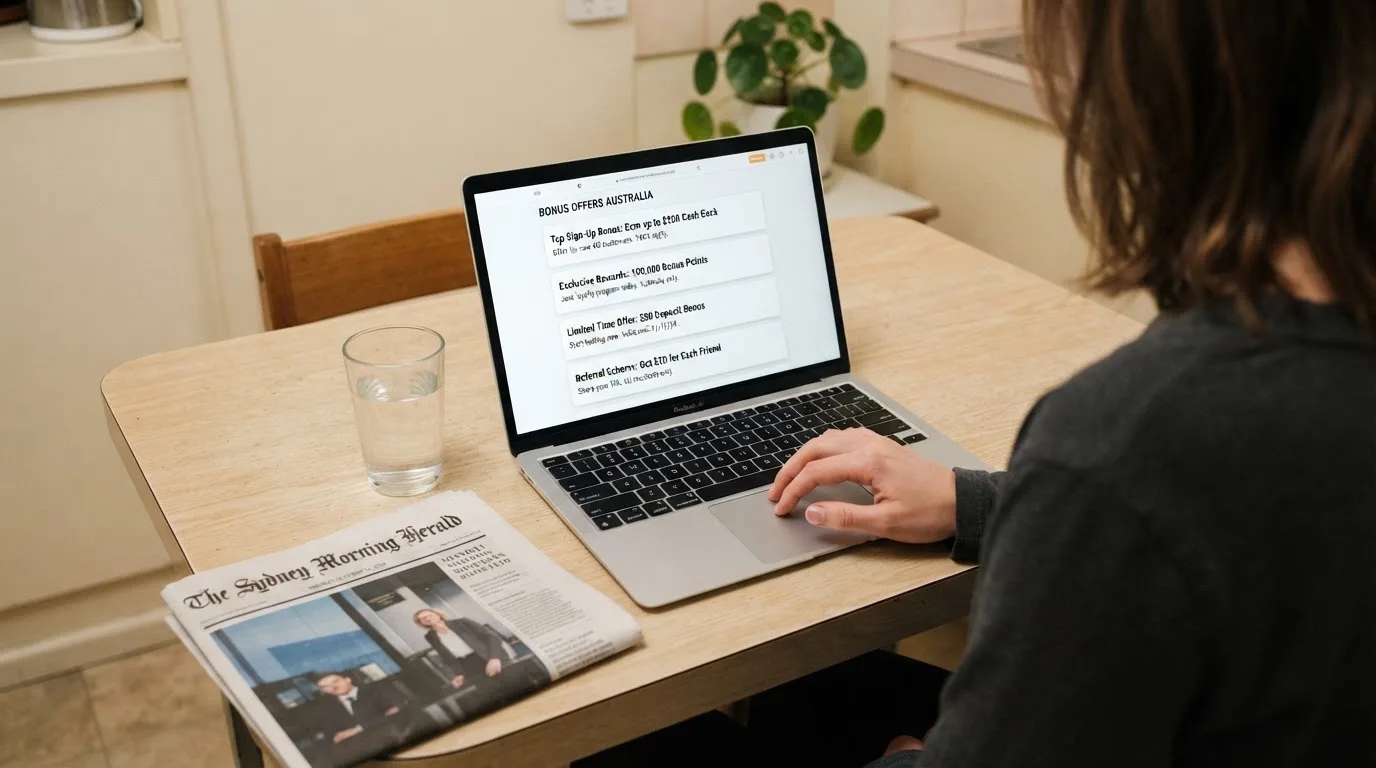 A person sits at a kitchen table, scrolling a laptop showing a general search results page about pokies bonus offers.