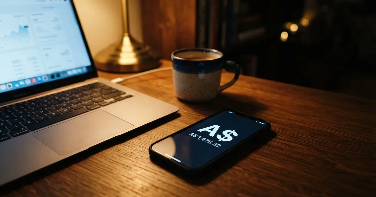 Close-up of a smartphone banking app open beside a laptop on a home desk, mid-transfer.