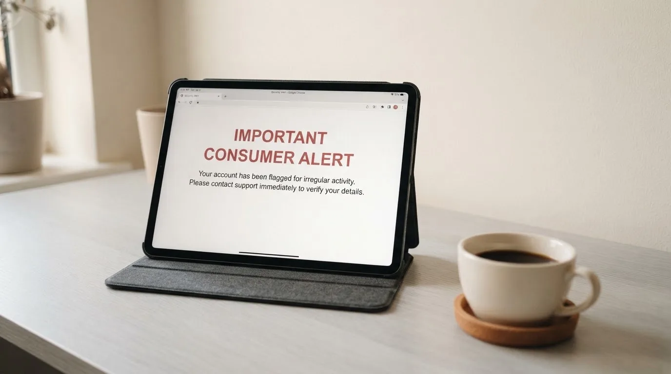 A tablet on a desk displays a plain government-style warning notice page, with a coffee cup beside it.