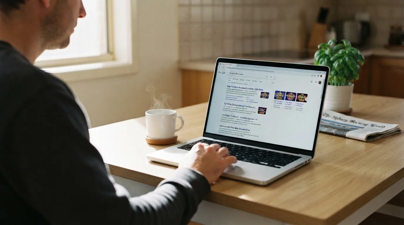 A person sits at a kitchen table, scrolling a laptop showing a general search results page about free spins offers.
