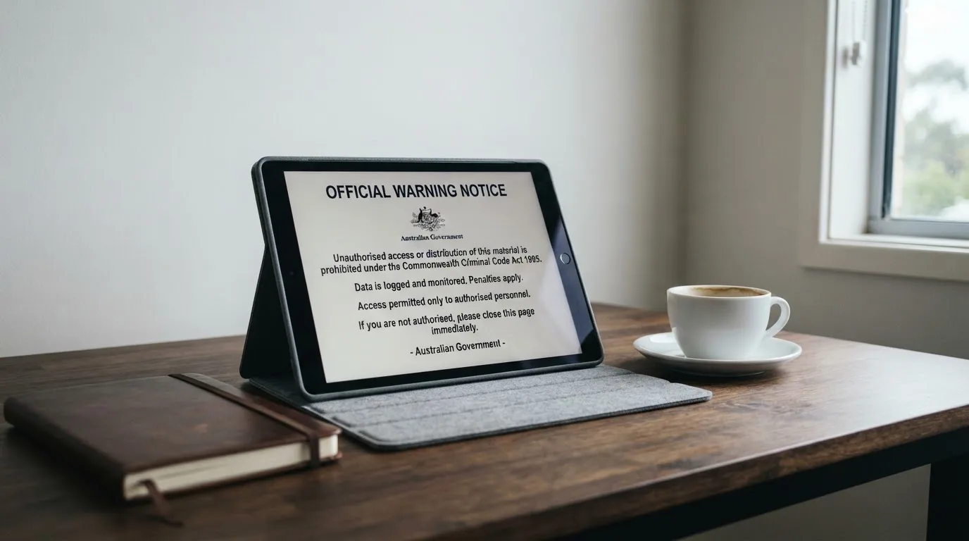 A tablet on a desk displays a plain government-style warning notice page, with a coffee cup beside it.
