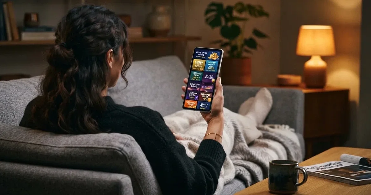 A phone screen shows a list of promotional bonus tiles as someone scrolls with one thumb on a couch.