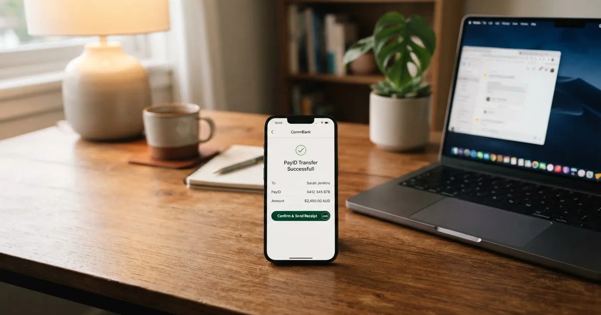 Close-up of a smartphone banking app open beside a laptop on a home desk, mid-transfer.