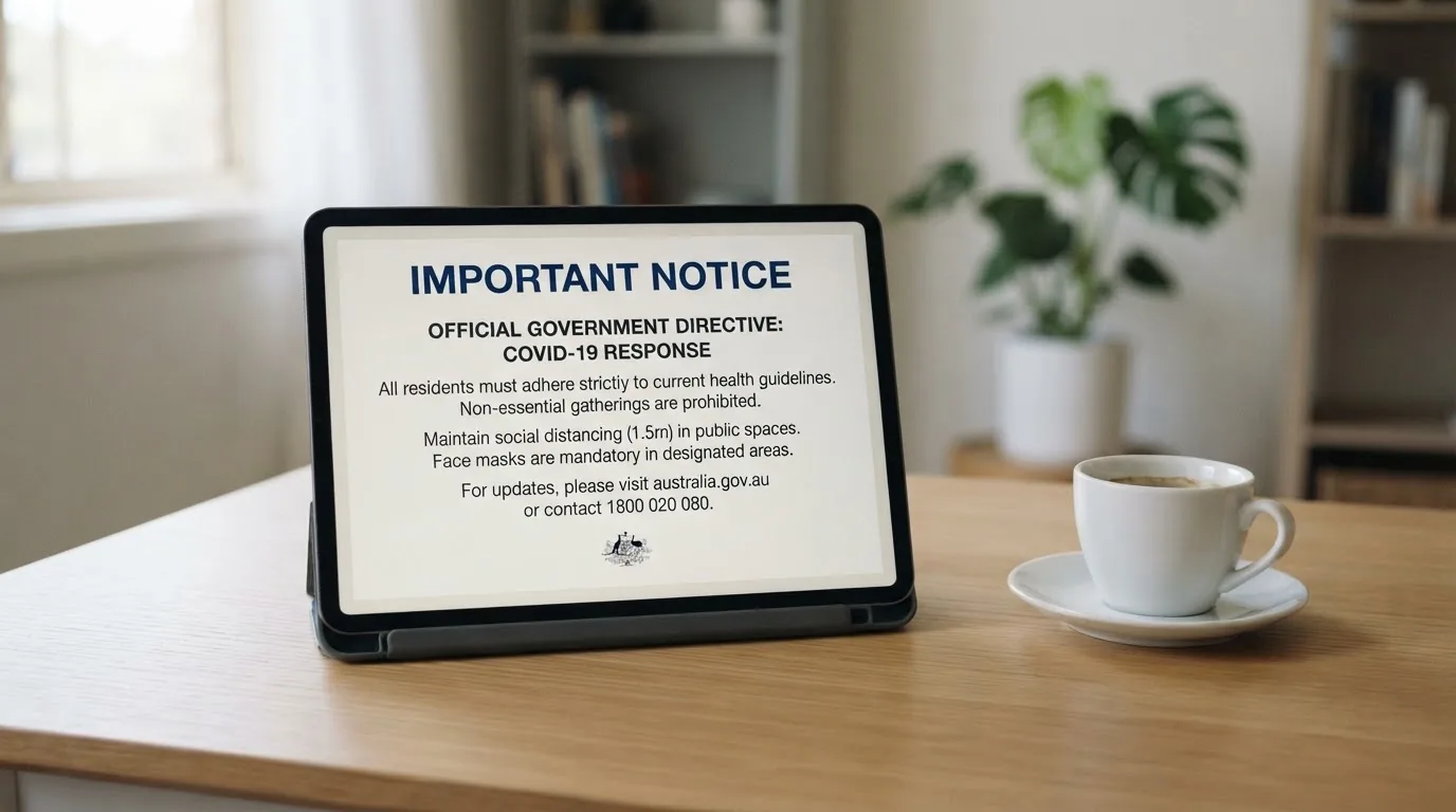 A tablet on a desk displays a plain government-style warning notice page, with a coffee cup beside it.