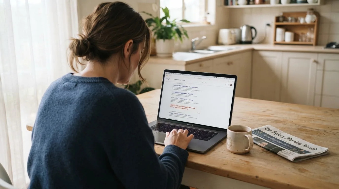 A person sits at a kitchen table, scrolling a laptop showing a general search results page about phone-bill deposits.