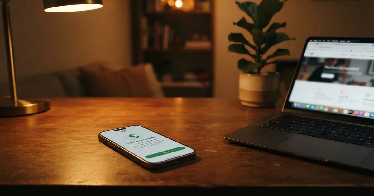 Close-up of a smartphone banking app open beside a laptop on a home desk, mid-transfer.