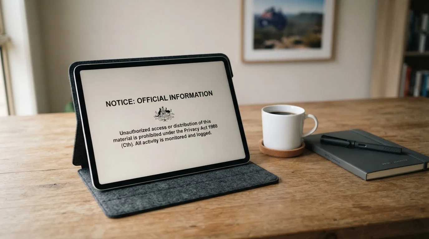 A tablet on a desk displays a plain government-style warning notice page, with a coffee cup beside it.