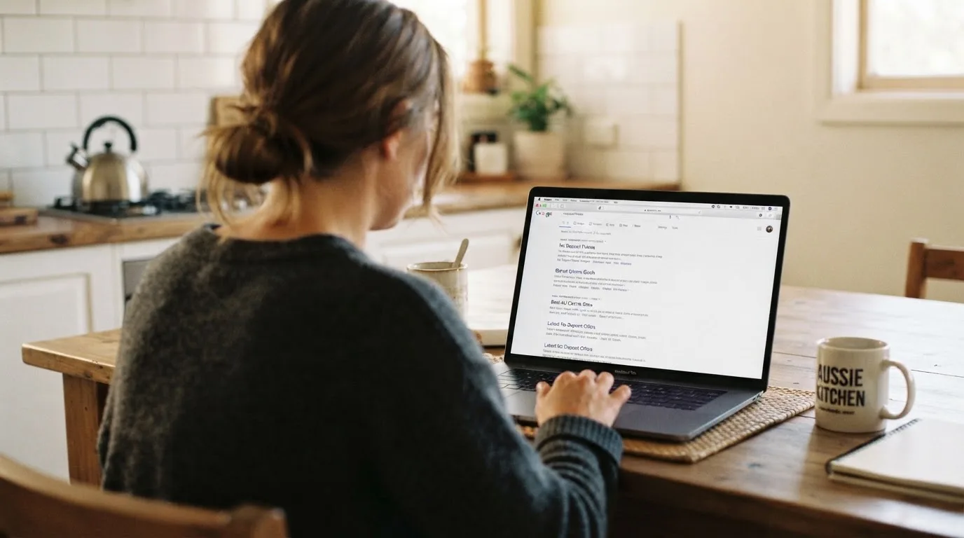 A person sits at a kitchen table, scrolling a laptop showing a general search results page about pokies bonus claims.