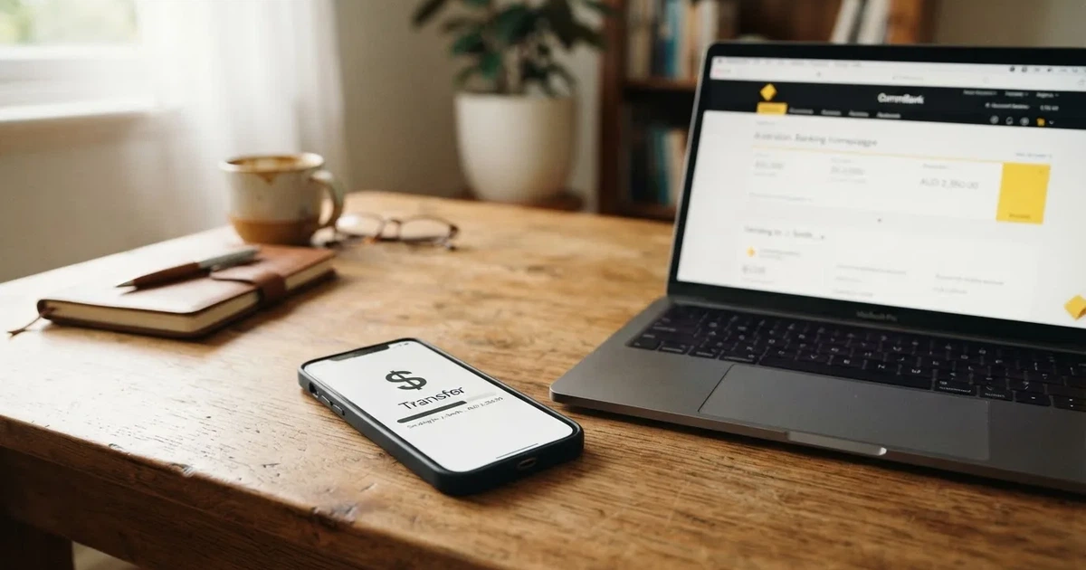 Close-up of a smartphone banking app open beside a laptop on a home desk, mid-transfer.