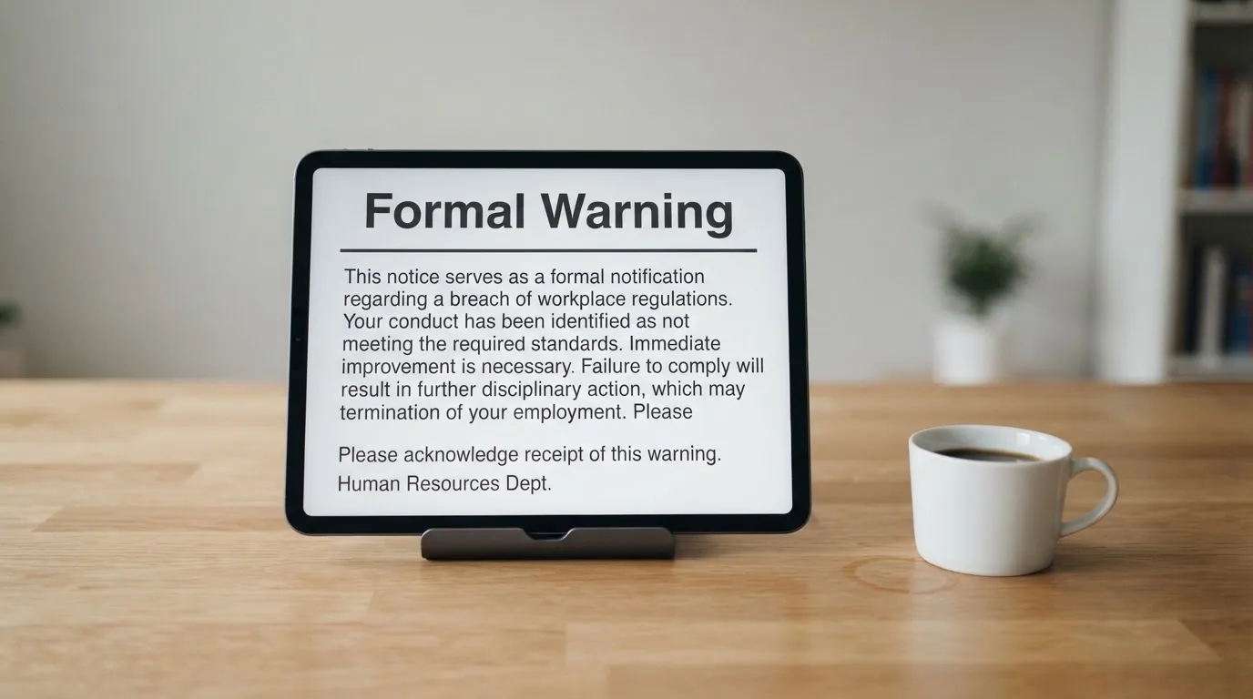 A tablet on a desk displays a plain government-style warning notice page, with a coffee cup beside it.