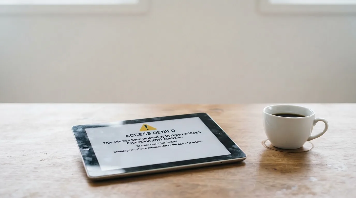 A tablet on a desk displays a plain government-style warning notice page, with a coffee cup beside it.