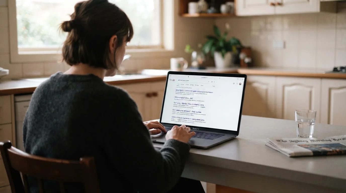 A person sits at a kitchen table, scrolling a laptop showing a general search results page about withdrawal speed claims.
