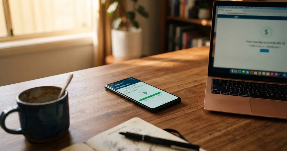 Close-up of a smartphone banking app open beside a laptop on a home desk, mid-transfer.