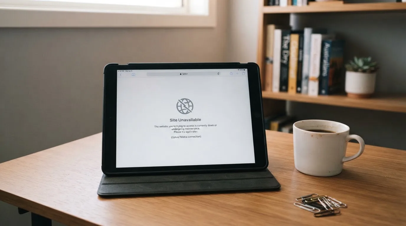 A tablet on a desk displays a plain government-style warning notice page, with a coffee cup beside it.