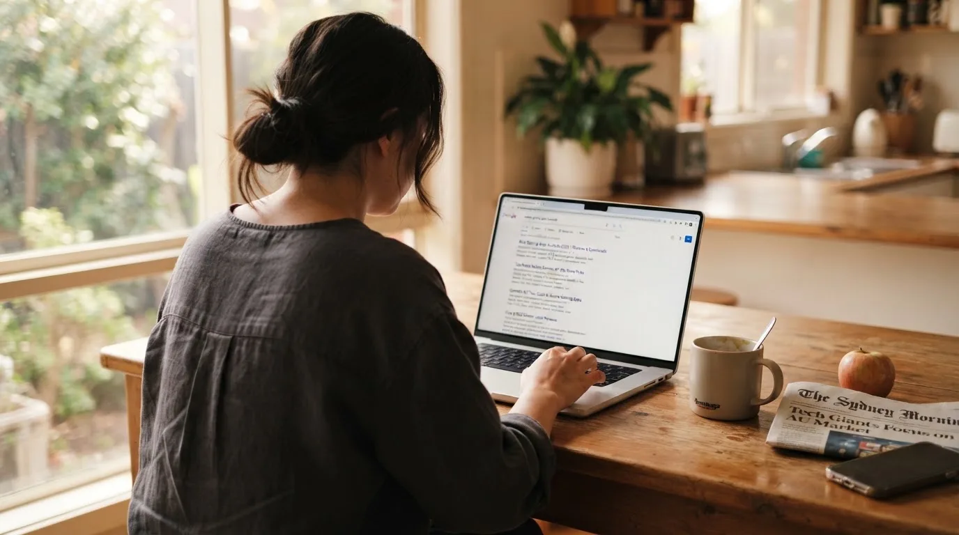 A person sits at a kitchen table, scrolling a laptop showing a general search results page about pokies apps.