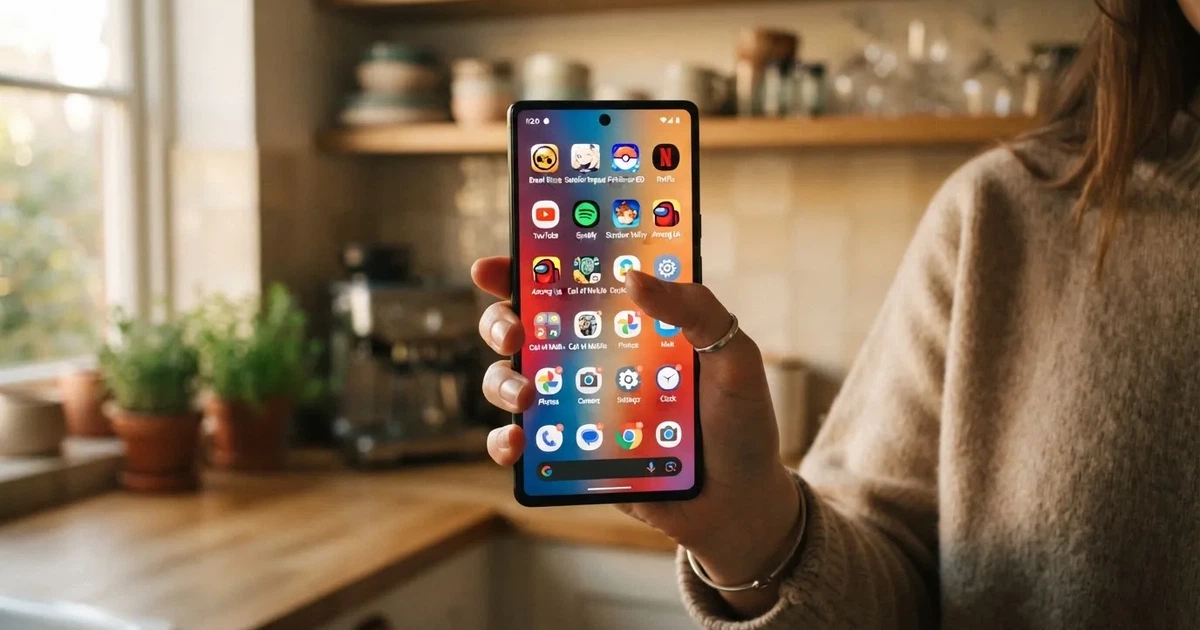 A hand holds a smartphone with an app icon grid visible on the home screen, thumb hovering over the display.