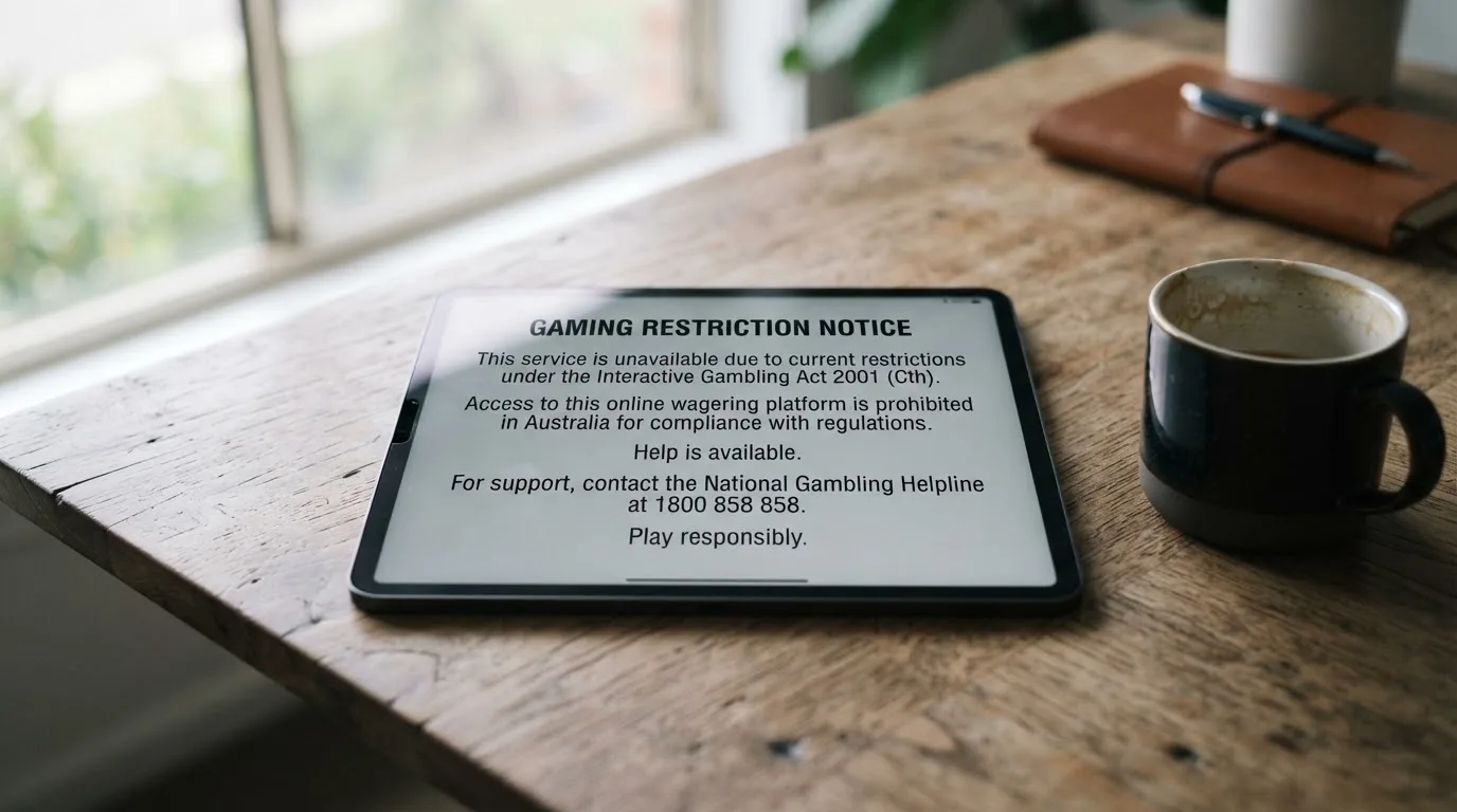 A tablet on a desk displays a plain government-style warning notice page, with a coffee cup beside it.