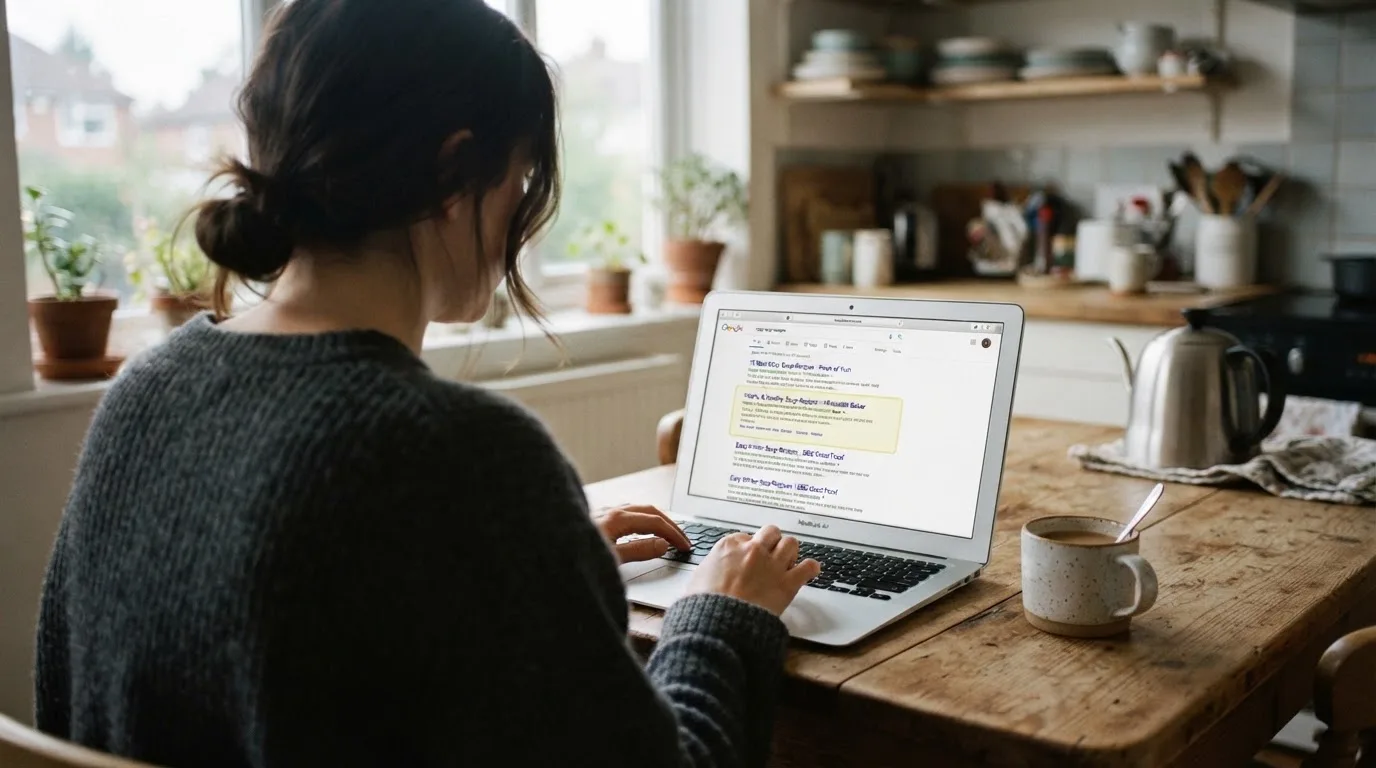 A person sits at a kitchen table, scrolling a laptop showing a general search results page about pokies apps.