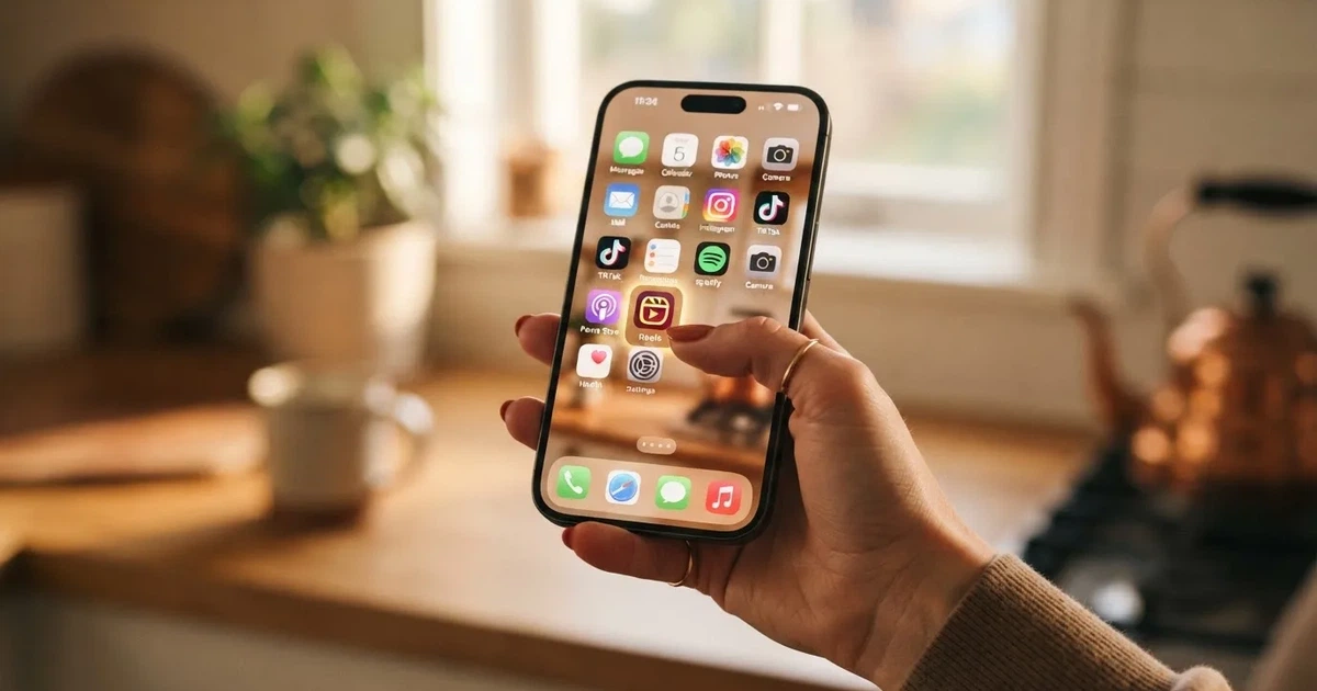A hand holds a smartphone with an app icon grid visible on the home screen, thumb hovering over the display.
