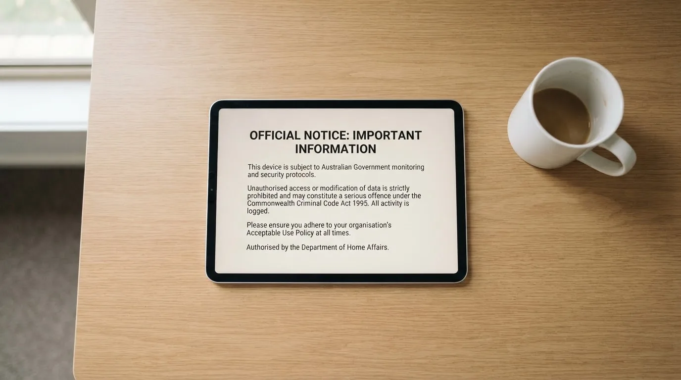 A tablet on a desk displays a plain government-style warning notice page, with a coffee cup beside it.