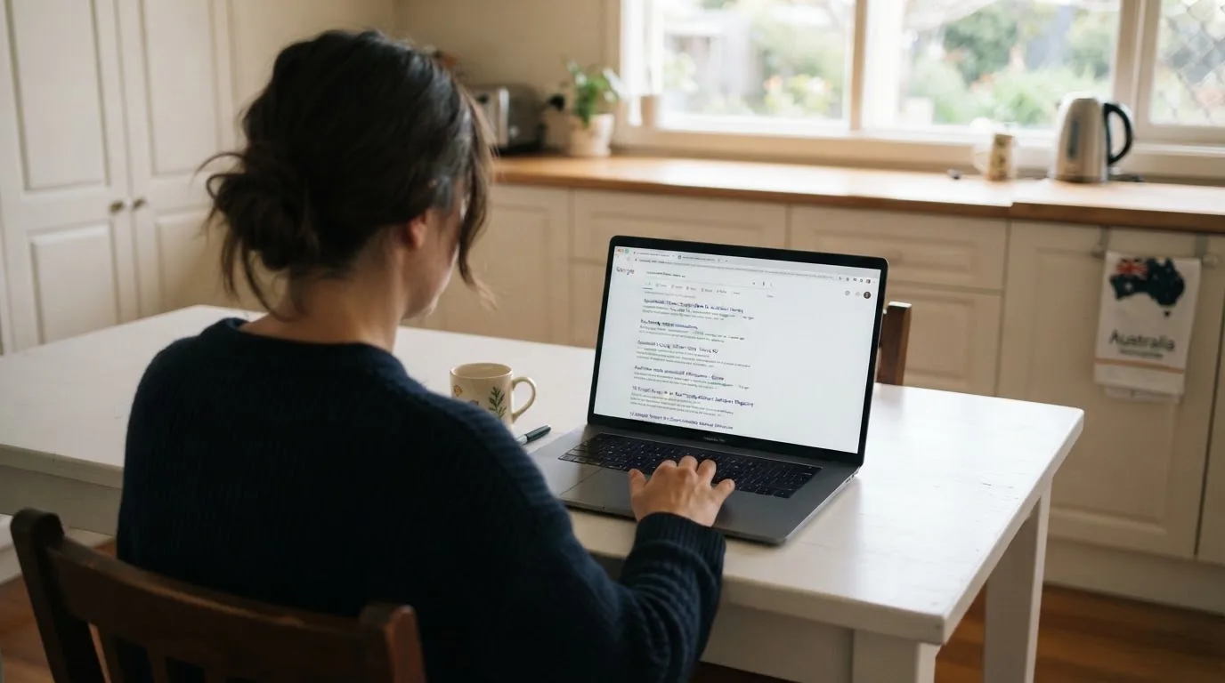 A person sits at a kitchen table, scrolling a laptop showing a general search results page about payout speed claims.