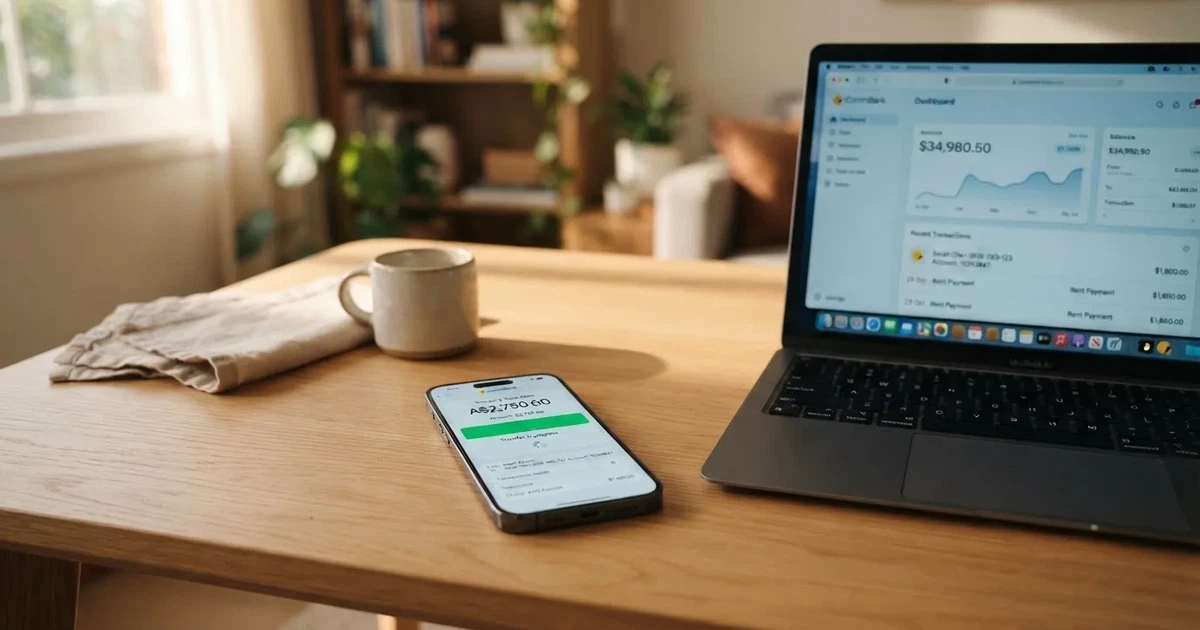 Close-up of a smartphone banking app open beside a laptop on a home desk, mid-transfer.
