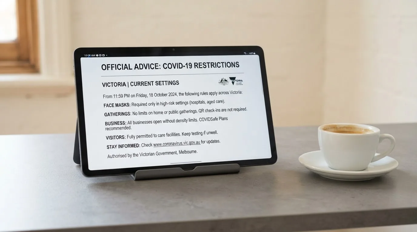 A tablet on a desk displays a plain government-style warning notice page, with a coffee cup beside it.