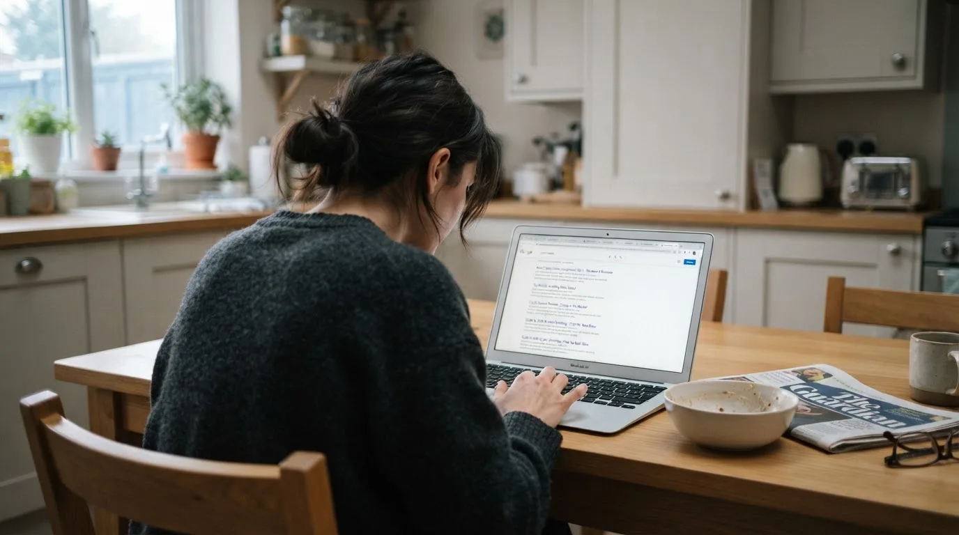 A person sits at a kitchen table, scrolling a laptop showing a general search results page about crypto casino comparisons.